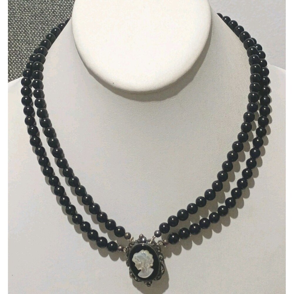 Marcasite Onyx Sterling Silver 925 Cameo Vintage Beaded Black MOP Necklace New